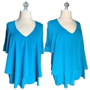 Juicy Couture Blue Teal Tiered Sheer V-Neck Cold Shoulder Blouse Size Large
